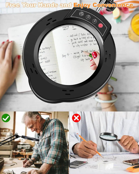10X Lighted Magnifying Glass With LED Desk Lamp for close work and crafting, showing hands-free magnifier in use over text