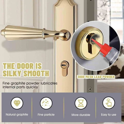 Lock Lubricant Powder For Keyholes And Lock Cores applied to door lock showing easy application and metal safe features.