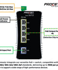 Diagram of Industrial Four Port Gigabit PoE Switch For DIN Rail With PoE Plus 90W Per Port, showing power and network ports