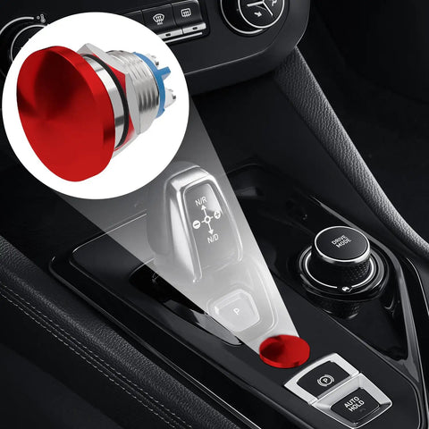 Red 22mm Mushroom Head Momentary Push Button Switch IP65 waterproof shown installed in vehicle panel, industrial control use