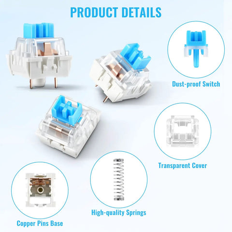 Blue 3-Pin Mechanical Keyboard Switches 200 Pack With Dustproof Housing, Clicky Tactile Feel, 50 Million Click Life, Replacement Keys For Gaming Keyboards, Ideal For 3D Printing Projects And Fidget Builds, transparent housing and copper pins