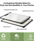 Dual-sided cutting board with stainless steel top and wheat straw bottom; 16.9 x 11.8 in, non-slip silicone edge.