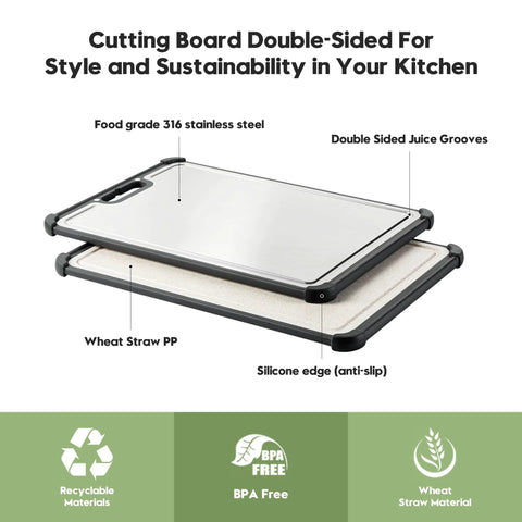 Dual-sided cutting board with stainless steel top and wheat straw bottom; 16.9 x 11.8 in, non-slip silicone edge.