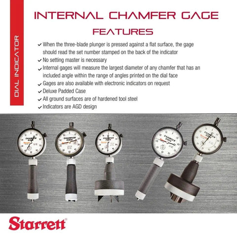 Inch Reading Dial Indicator Internal Chamfer Gage for 90 to 127 Degree Angles and 0 to 1 Inch Range showcasing features.