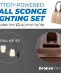 Battery Powered Wall Sconce 2 Pack LED Wireless Plugless Lights With 4 Hour Auto Shut Off 100 Lumen Output Easy Install Bronze Plastic Finish