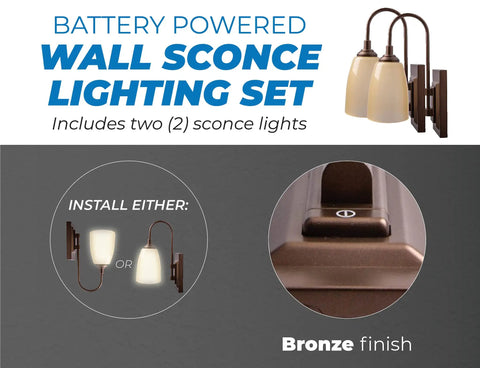 Battery Powered Wall Sconce 2 Pack LED Wireless Plugless Lights With 4 Hour Auto Shut Off 100 Lumen Output Easy Install Bronze Plastic Finish