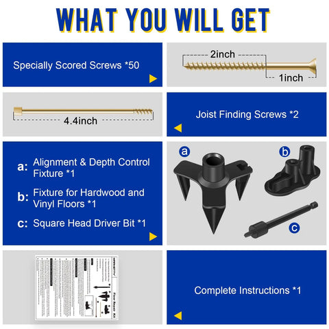 What you will get with Kick Floor Squeaks Right Out The Door With This Heavy Duty Squeaky Floor Repair Kit components and tools.