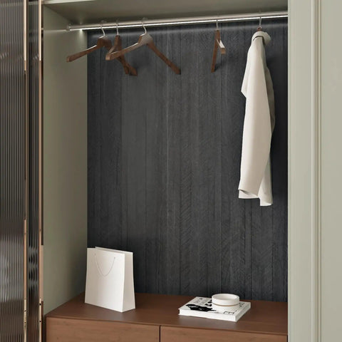 Dope Black Wood Look Countertop Contact Paper Self Adhesive For Kitchen Counters in closet with hangers and shelf.