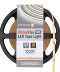 RibbonFlex Pro 24V White COB Tape Light 3000K 16.4 ft reel with packaging label in 24V, 16 ft length, 3000K warm white.