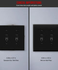 Side by side comparison of standard size and mid size Double Light Wall Toggle Switch Plate 2 Gang 4.88 by 4.92 Inches Black Finish