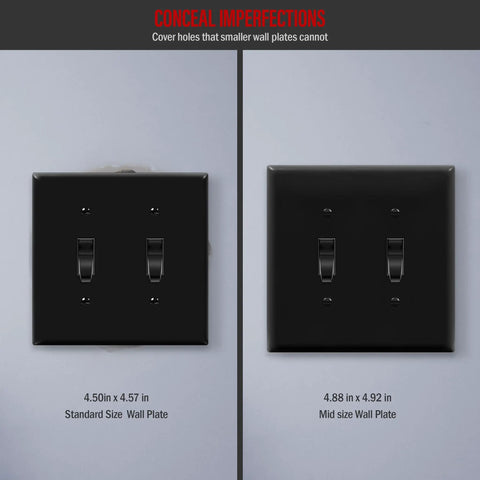 Side by side comparison of standard size and mid size Double Light Wall Toggle Switch Plate 2 Gang 4.88 by 4.92 Inches Black Finish