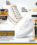 Instant Sneaker Cleaner Kit For Sneakers, Dual Sided Sponges, Powerful Shoe Cleaning Solution For Tennis Shoes And Everyday Kicks, Gentle Rub Design, 10 Pack displayed with sneakers and sponges
