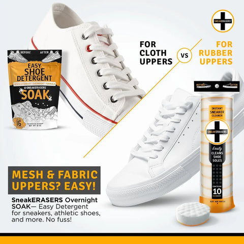 Instant Sneaker Cleaner Kit For Sneakers, Dual Sided Sponges, Powerful Shoe Cleaning Solution For Tennis Shoes And Everyday Kicks, Gentle Rub Design, 10 Pack displayed with sneakers and sponges