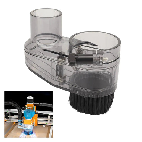 Badass 52Mm Cnc Dust Shoe Paired With A 38Mm Vacuum Hose and Heavy Duty Magnetic Mount for clean engraving.