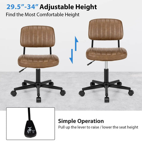 Slick Armless Desk Chair With Easy Glide Wheels, Top Tier PU Leather Task Seat Featuring Low Back Cushioning And Hella Smooth Height Adjustment For Rock Solid Rolling Home Office Setup For Teens And Adults