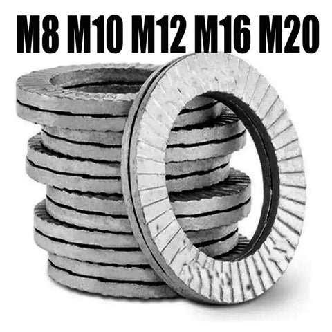 M12 Wedge Lock Washers 10 Pcs Top Tier Anti Loosening Hardware Heavy Duty Precision Fasteners stacked for vibration resistance.