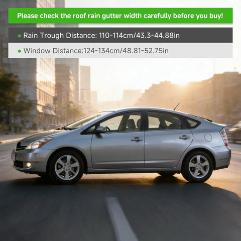 Universal 43.3 Inch Black Roof Rack Cross Bars for SUVs and Crossovers with measurement guide on a sedan in cityscape