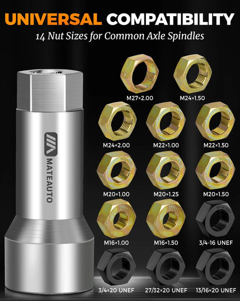 Axle Spindle Rethreading Kit For Mechanics, 16 Piece Precision Restorer Master Repair Set with various nut sizes displayed
