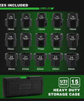 15 Piece Half Inch Drive Metric Low Profile Stubby Impact Socket Set 10mm Through 24mm 6 Point CrMo No Skip Sizes Compact Shorty Sockets For Tight Spots And Hard To Reach Areas with storage case