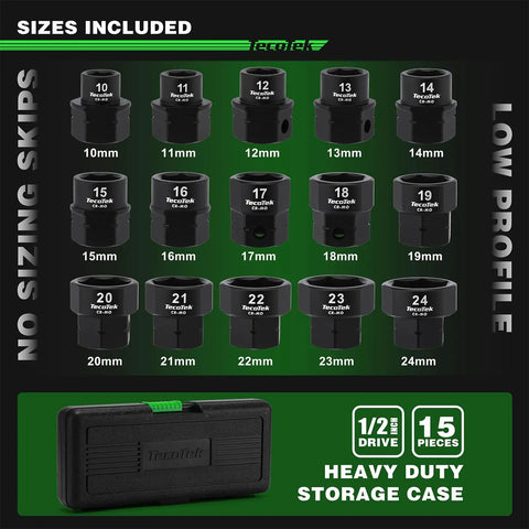 15 Piece Half Inch Drive Metric Low Profile Stubby Impact Socket Set 10mm Through 24mm 6 Point CrMo No Skip Sizes Compact Shorty Sockets For Tight Spots And Hard To Reach Areas with storage case