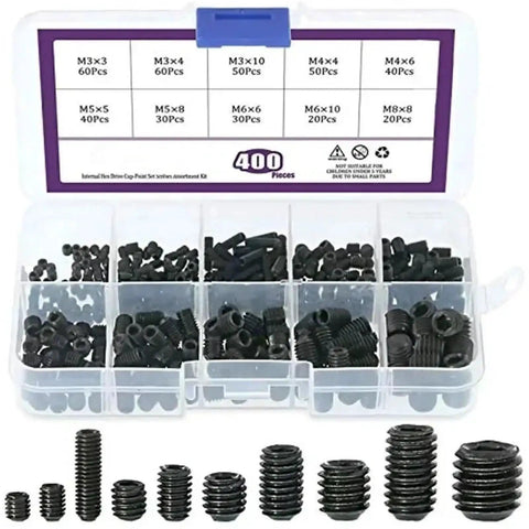 Hex Socket Set Screws Assortment Kit M3 M4 M5 M6 M8 Alloy Steel Cup Point for Furniture 800 Pieces in organizer box