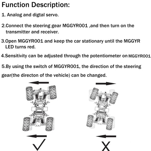 Instructions for RC Car Gyro Module 4 to 6V Mini Gyro Stabilizer with diagrams showing steering adjustments