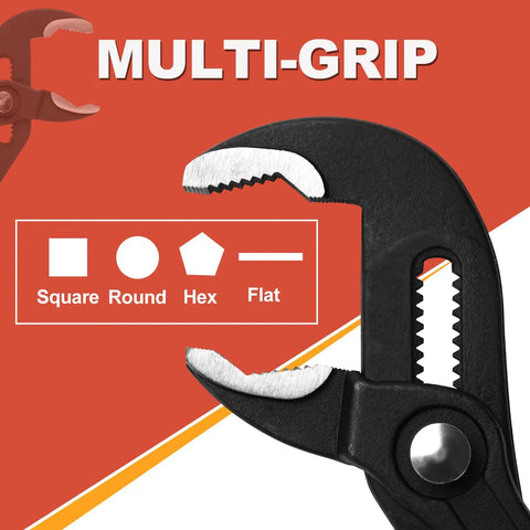 Close-up of Three Piece Groove Joint Pliers Set with no nonsense adjustable water pump pliers showing multi-grip features.
