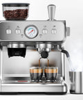 Top Tier Home Barista Espresso Machine With Solid Grinder And True Dual Boiler Brewing coffee while steaming foam for cappuccinos.