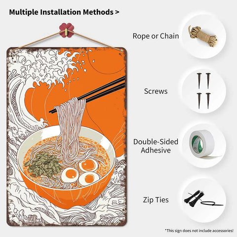 Vintage Ramen Wave Metal Tin Sign Wall Art 8x12 Inch For Home Office Garage Decor with easy mounting accessories
