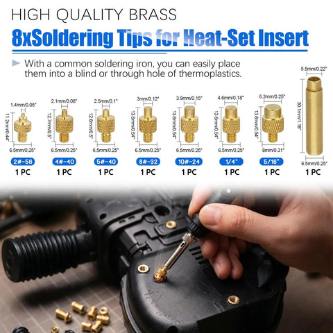 220 Piece Threaded Inserts Kit With Heat Set Tool For 3D Printing And DIY Makers, showing brass knurled nuts in use