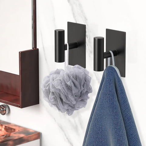 Self Adhesive Aluminum Hooks Heavy Duty Wall Mount Hangers No Drill Stick On For Towel Coat Robe Shower Bedroom Bathroom Kitchen Black 6 Pack Rust Resistant holding bath items against tile wall.