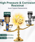 Front view of 1-inch brass pressure vacuum breaker for irrigation with blue valve handles (ours) vs gray rival.