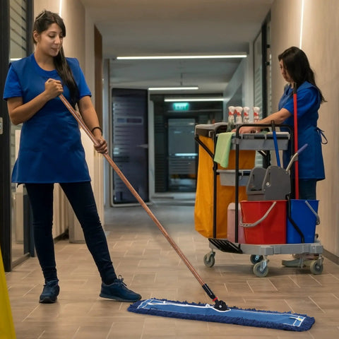 Two women cleaning an indoor space with a 24 Inch Heavy Duty Cotton Dust Mop Refill Washable Replacement Heads for Large Spaces and Warehouses.