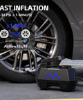 Portable Tire Inflator Air Compressor With Digital Pressure Gauge connected to car tire for fast inflation
