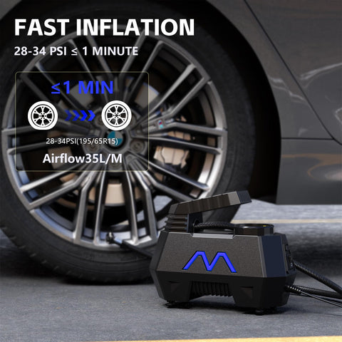 Portable Tire Inflator Air Compressor With Digital Pressure Gauge connected to car tire for fast inflation