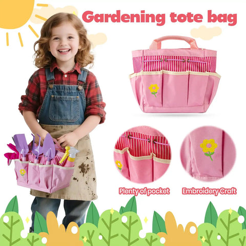 Smiling child holding Pink Kids Gardening Tools Set With Rake Shovel Trowel Watering Can Gloves Apron Tote Bag Plant Pots And DIY Bookmark Kits For Toddlers And Kids Kid Friendly Outdoor Garden Play Gift, with embroidery tote bag detail.