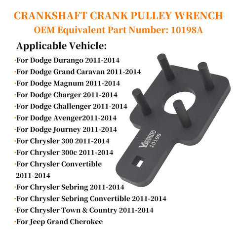 Crankshaft pulley wrench for Chrysler and Dodge models, 3.6L Pentastar V6 engine, OEM part 10198A, black metal.