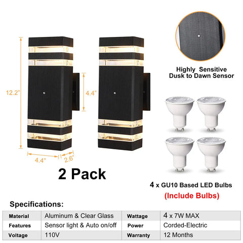 2 Pack LED Dusk To Dawn Outdoor Lights With Aluminum Sensor Waterproof Exterior Fixtures, 3000K Warm White, product details