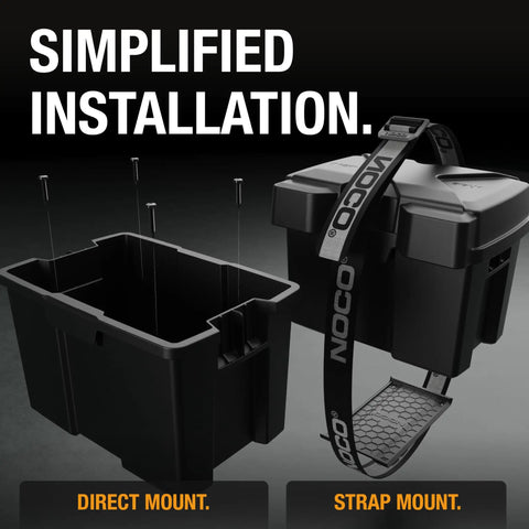 Kickin Dust Snap Top Battery Box For Group U1 12V showing installation options: direct mount and strap mount with rugged design.