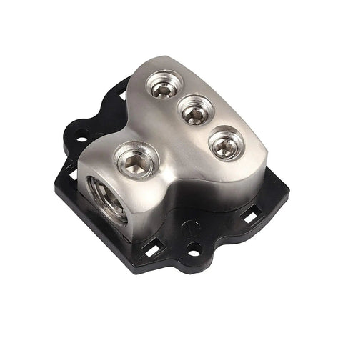 Beefy 3 Way Car Amplifier Power Distribution Block With 0 Gauge In And 3X 4 Gauge Out Nickel Plated Internals Ground Distributor For Auto Audio System Heavy Duty 2 Pack, top view