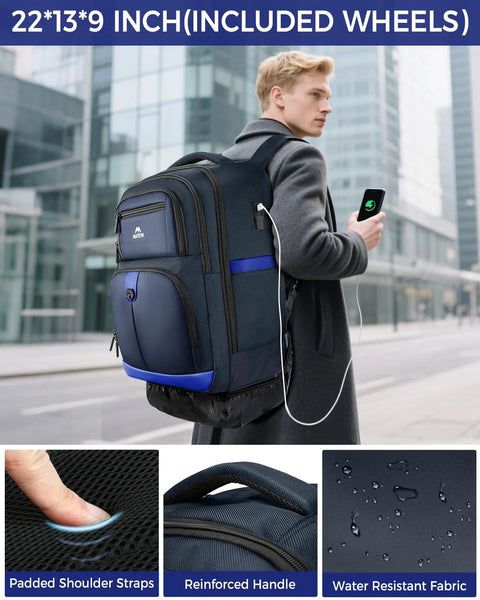 Person, die einen vierrädrigen Rollrucksack mit USB-Ladeanschluss und wasserabweisender 1 Inch  Roller in einer städtischen Umgebung benutzt