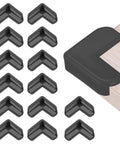 Heavy Duty L Shaped Corner Guards For Tables And Furniture, 16 Pack Soft PVC Edge Bumpers In Black displayed on a wooden surface.