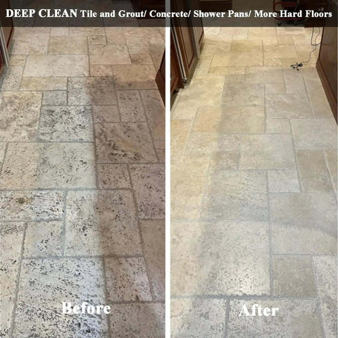 Before and after cleaning a tiled floor using Heavy Duty Orbital Floor Scrubber And Buffer Kit With Commercial Grade Pads And Brushes.