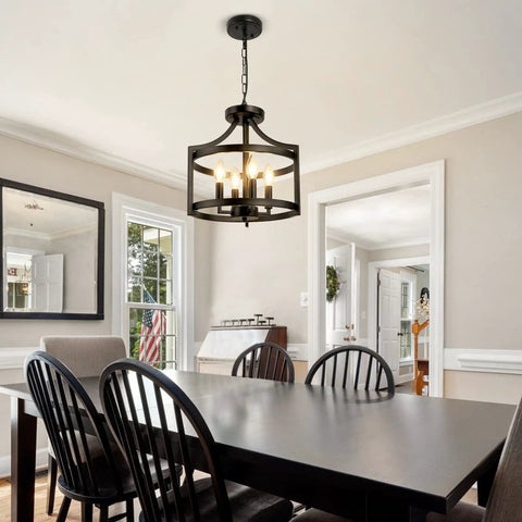 4 Light Modern Farmhouse Ceiling Chandelier Matte Black Open Cage Pendant Lighting Convertible Semi Flush Mount For Dining Room