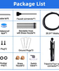 Package list for Outdoor Patio Misting System With Adjustable Five Point Seven Five Foot Spray Stand showing components and lengths.