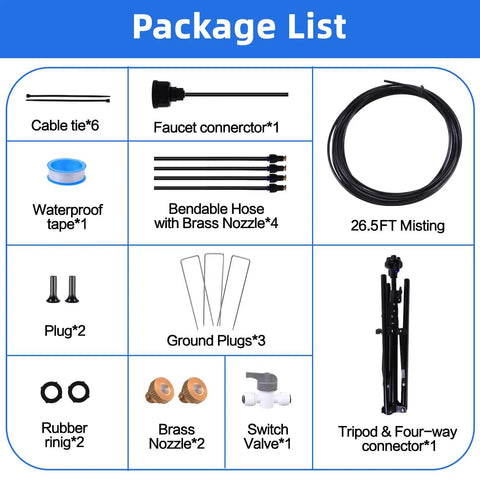 Package list for Outdoor Patio Misting System With Adjustable Five Point Seven Five Foot Spray Stand showing components and lengths.