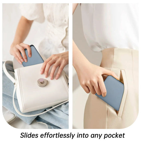 Women’s Slim Leather Wallet With RFID Protection in purse and pocket, showing compact size and easy portability.