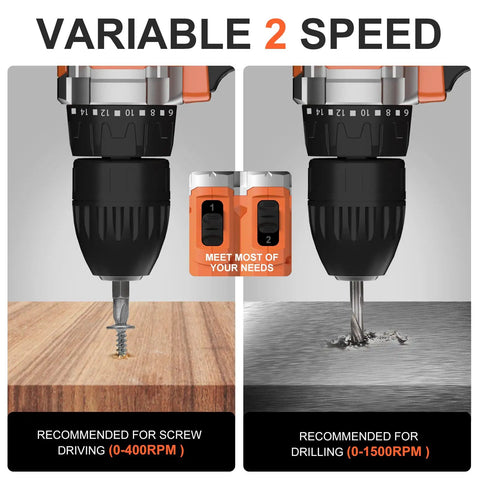 21V Cordless Drill Kit With 3/8 Inch Keyless Chuck, 320 In-Lbs Torque, 0-1500 RPM, Two Variable Speeds for drilling and screw driving