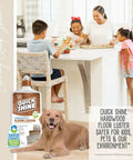 Straight Up Slick Hardwood Floor Polish In A Compact 27 Oz Bottle used in a kitchen with family enjoying time together.