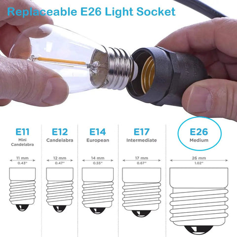 Person screwing E26 bulb into socket for 24 Ft Outdoor Hanging String Lights With 12 Vintage S14 LED Bulbs Heavy Duty 120V Plug In Connectable